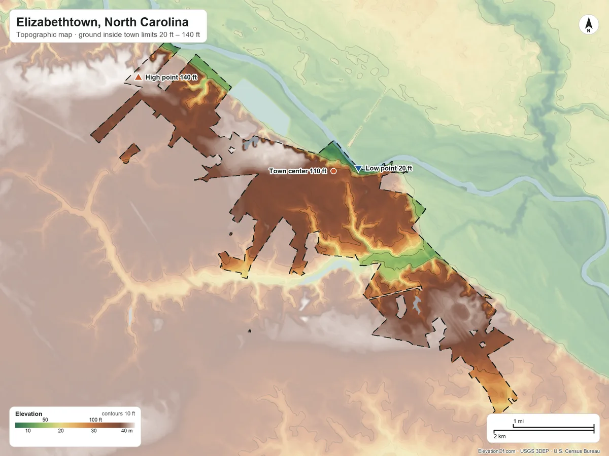 Topographic elevation map of Elizabethtown, North Carolina, shaded from 20 ft near the middle to 140 ft on the northwest side