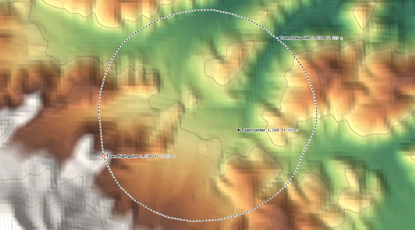 Topographic elevation map of Elk Park, North Carolina, shaded from 3,030 ft on the northeast side to 3,530 ft on the west edge, below higher ground just outside