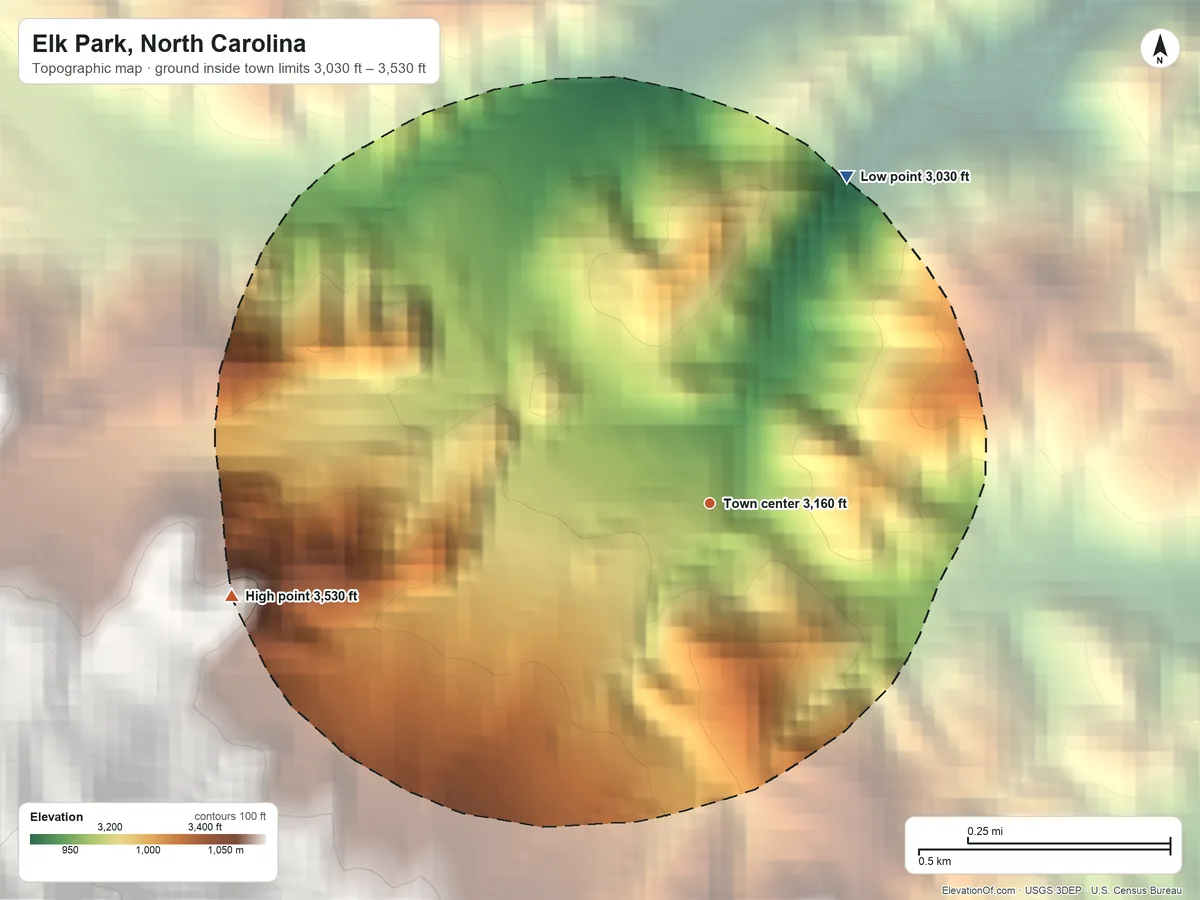 Topographic elevation map of Elk Park, North Carolina, shaded from 3,030 ft on the northeast side to 3,530 ft on the west edge, below higher ground just outside