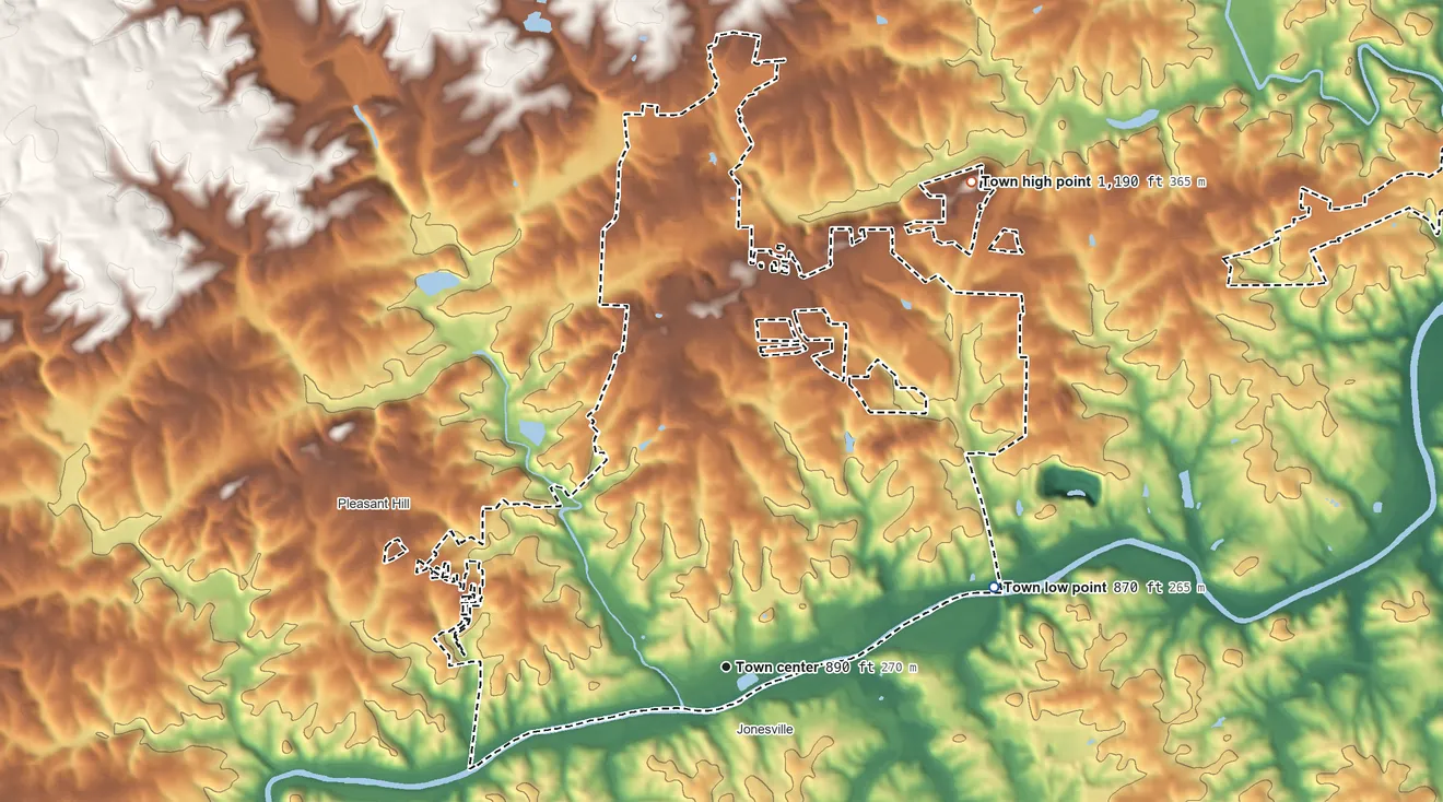 Topographic elevation map of Elkin, North Carolina, shaded from 870 ft on the east side to 1,190 ft on the northeast side