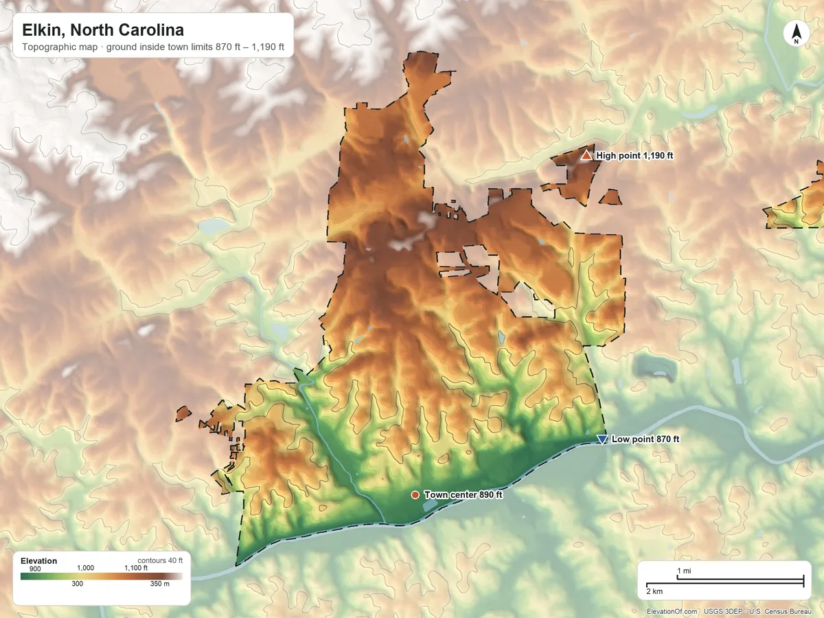 Topographic elevation map of Elkin, North Carolina, shaded from 870 ft on the east side to 1,190 ft on the northeast side