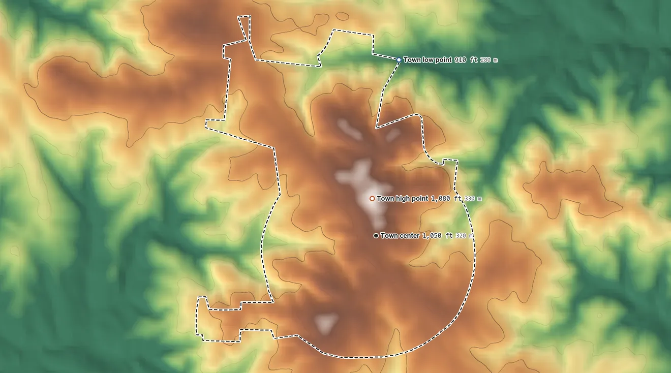 Topographic elevation map of Ellenboro, North Carolina, shaded from 910 ft on the north side to 1,080 ft near the middle