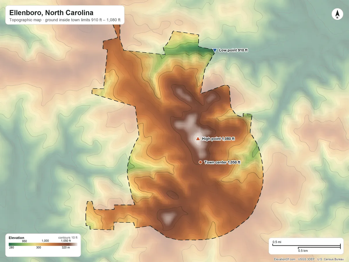 Topographic elevation map of Ellenboro, North Carolina, shaded from 910 ft on the north side to 1,080 ft near the middle