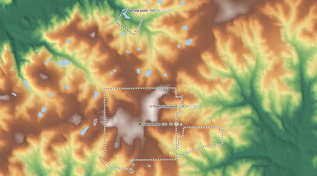 Topographic elevation map of Ellerbe, North Carolina, shaded from 390 ft on the north side to 550 ft on the northeast side