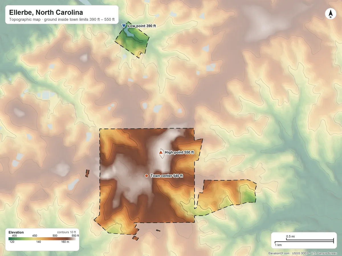 Topographic elevation map of Ellerbe, North Carolina, shaded from 390 ft on the north side to 550 ft on the northeast side