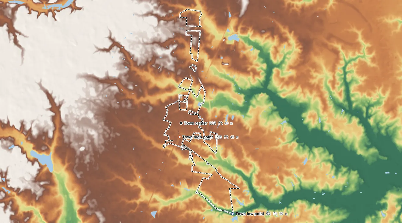 Topographic elevation map of Elm City, North Carolina, shaded from 94 ft on the southeast side to 150 ft near the middle