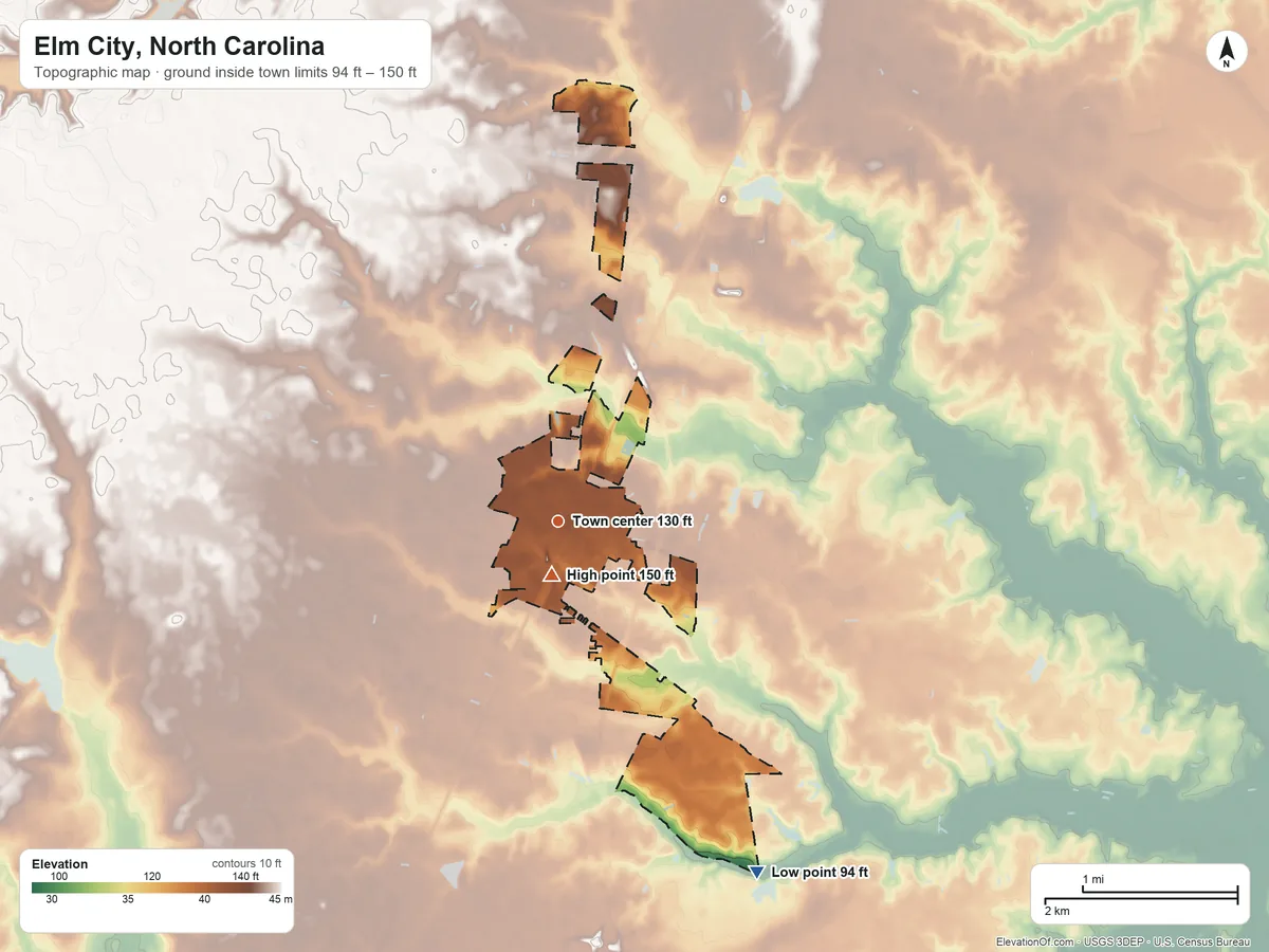 Topographic elevation map of Elm City, North Carolina, shaded from 94 ft on the southeast side to 150 ft near the middle