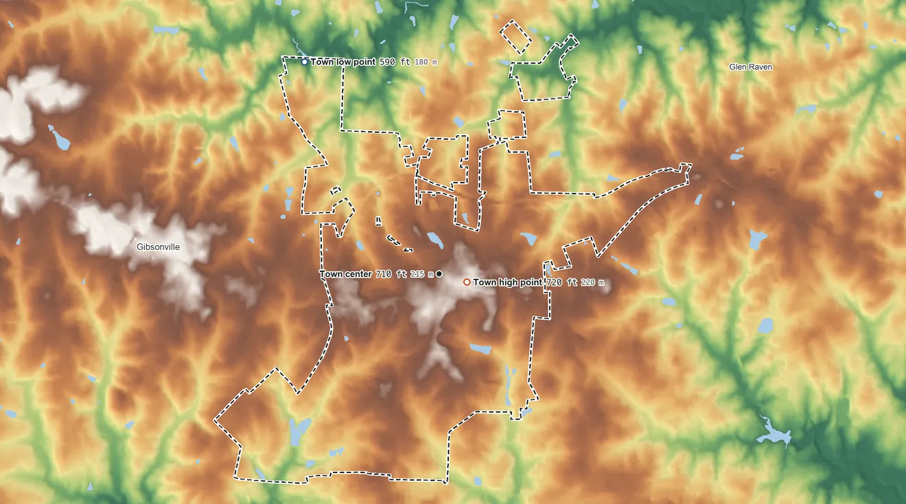 Topographic elevation map of Elon, North Carolina, shaded from 590 ft on the northwest side to 720 ft near the middle