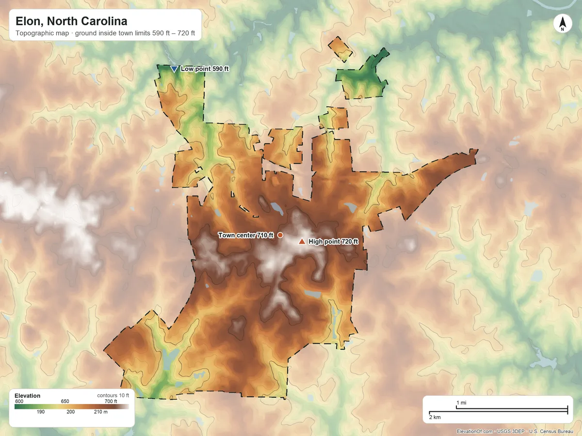 Topographic elevation map of Elon, North Carolina, shaded from 590 ft on the northwest side to 720 ft near the middle