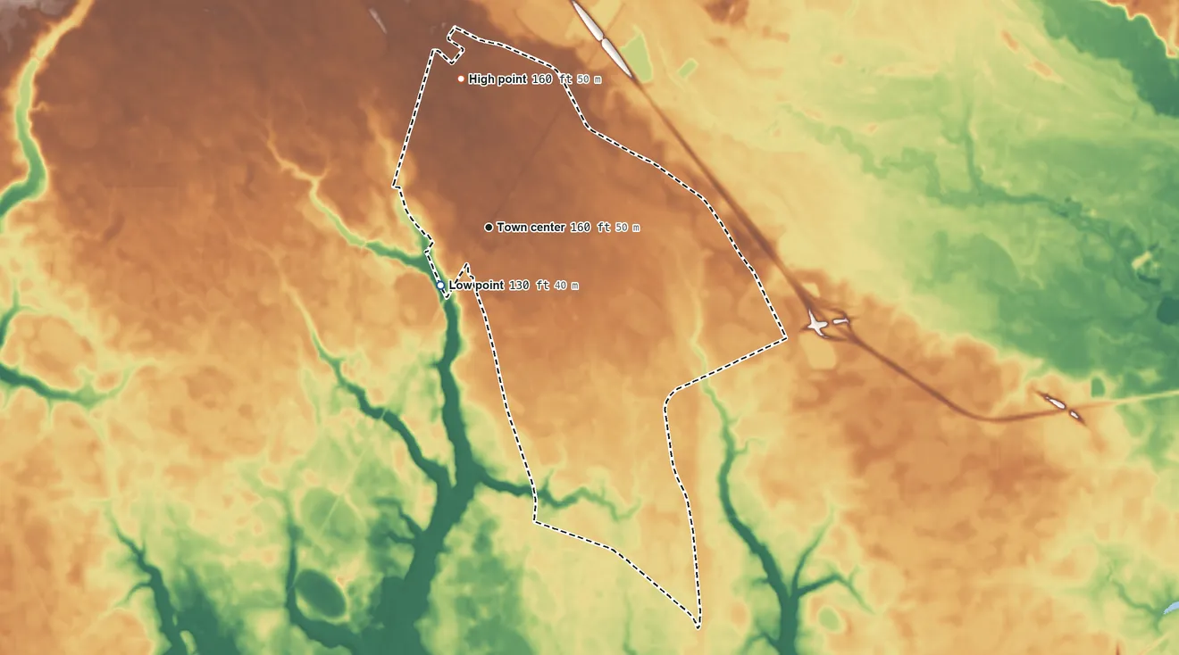 Topographic elevation map of Elrod, North Carolina, shaded from 130 ft on the southwest side to 160 ft on the north side