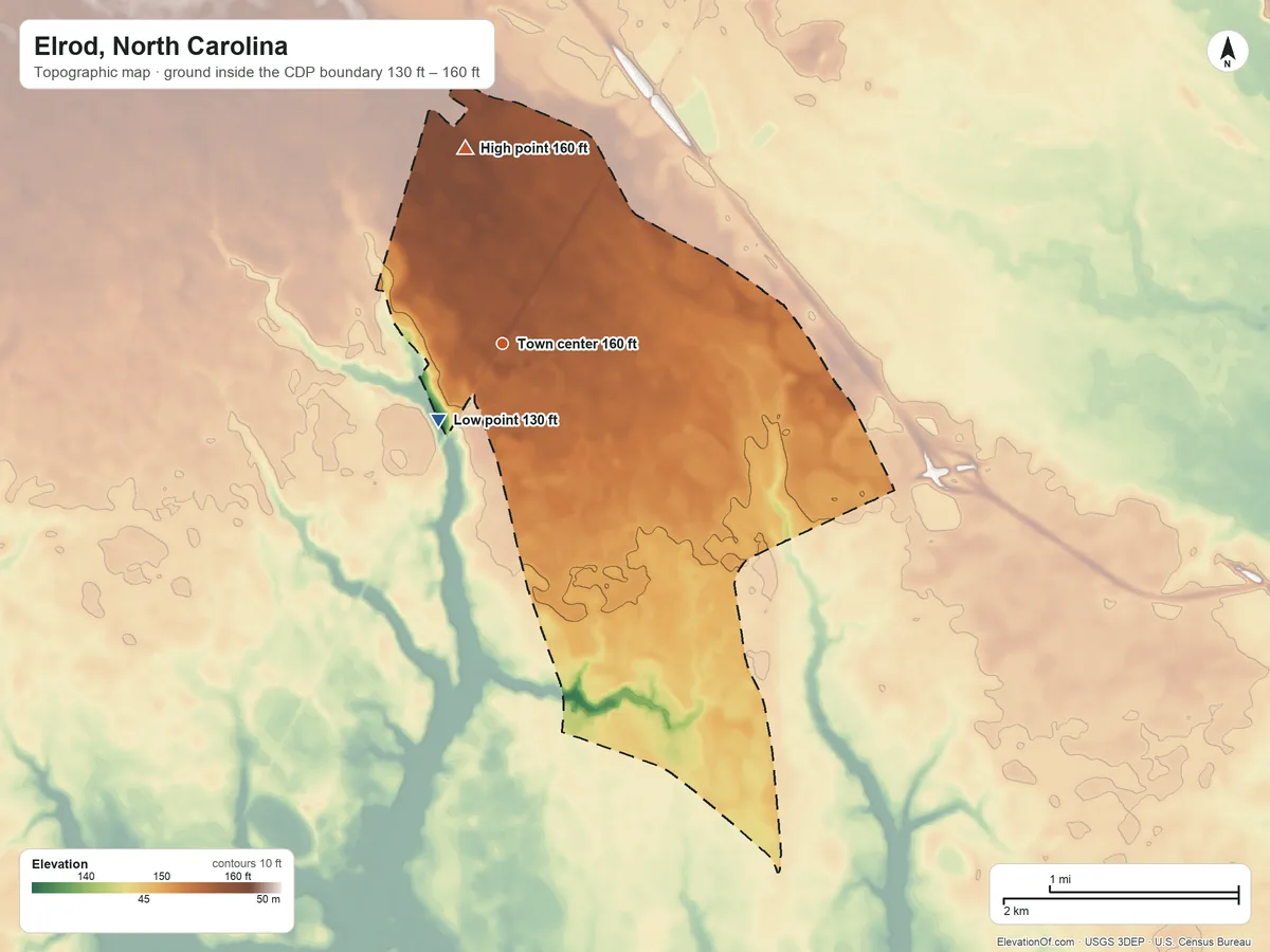 Topographic elevation map of Elrod, North Carolina, shaded from 130 ft on the southwest side to 160 ft on the north side