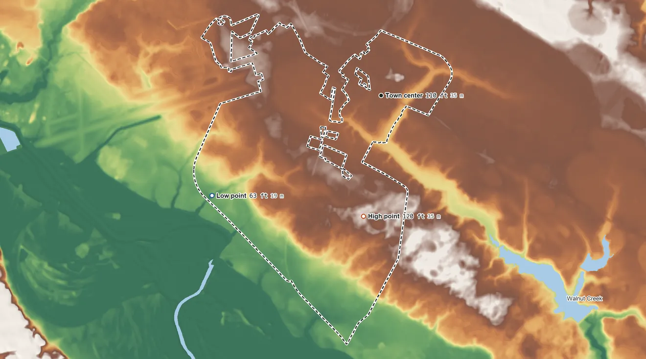 Topographic elevation map of Elroy, North Carolina, shaded from 63 ft on the southwest side to 120 ft on the south side