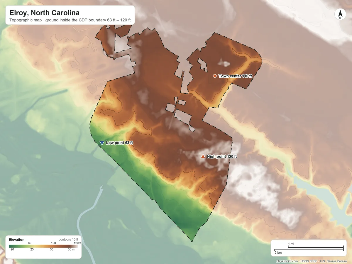 Topographic elevation map of Elroy, North Carolina, shaded from 63 ft on the southwest side to 120 ft on the south side