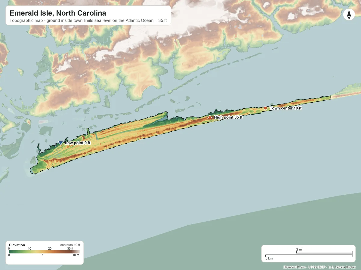 Topographic elevation map of Emerald Isle, North Carolina, shaded from sea level level on the Atlantic Ocean to 35 ft on the west side