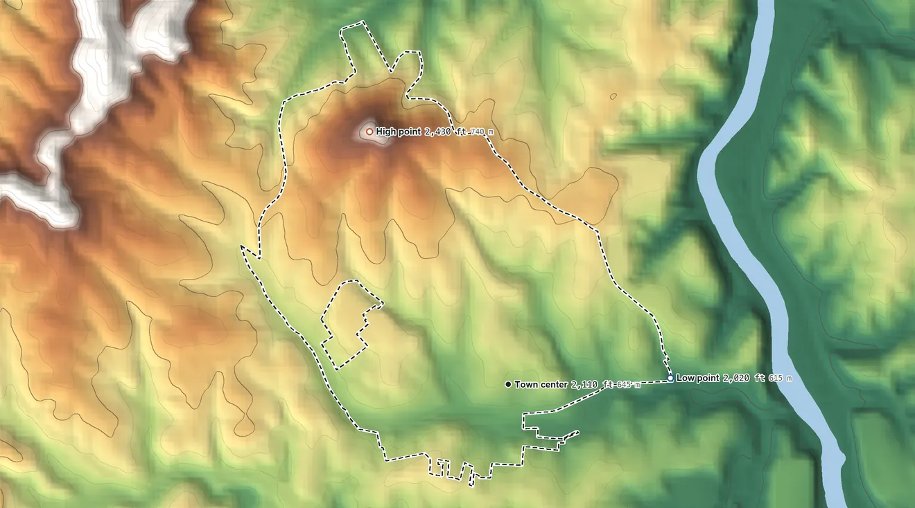 Topographic elevation map of Emma, North Carolina, shaded from 2,020 ft on the east side to 2,430 ft on the northwest side