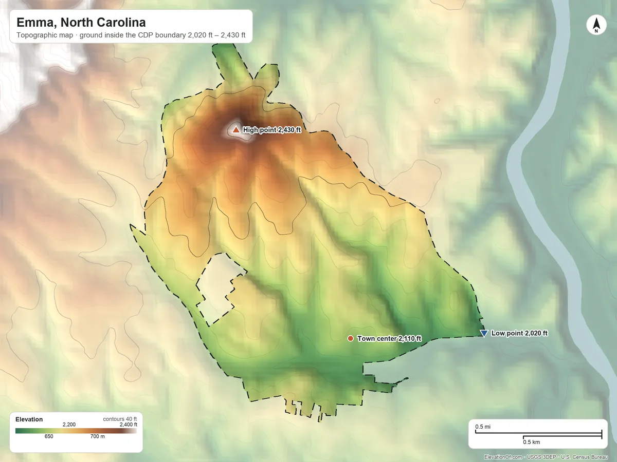 Topographic elevation map of Emma, North Carolina, shaded from 2,020 ft on the east side to 2,430 ft on the northwest side