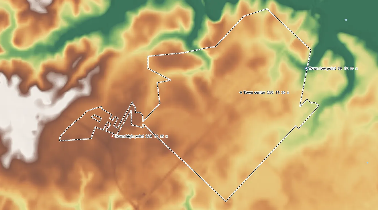 Topographic elevation map of Enfield, North Carolina, shaded from 89 ft on the east side to 120 ft on the west side