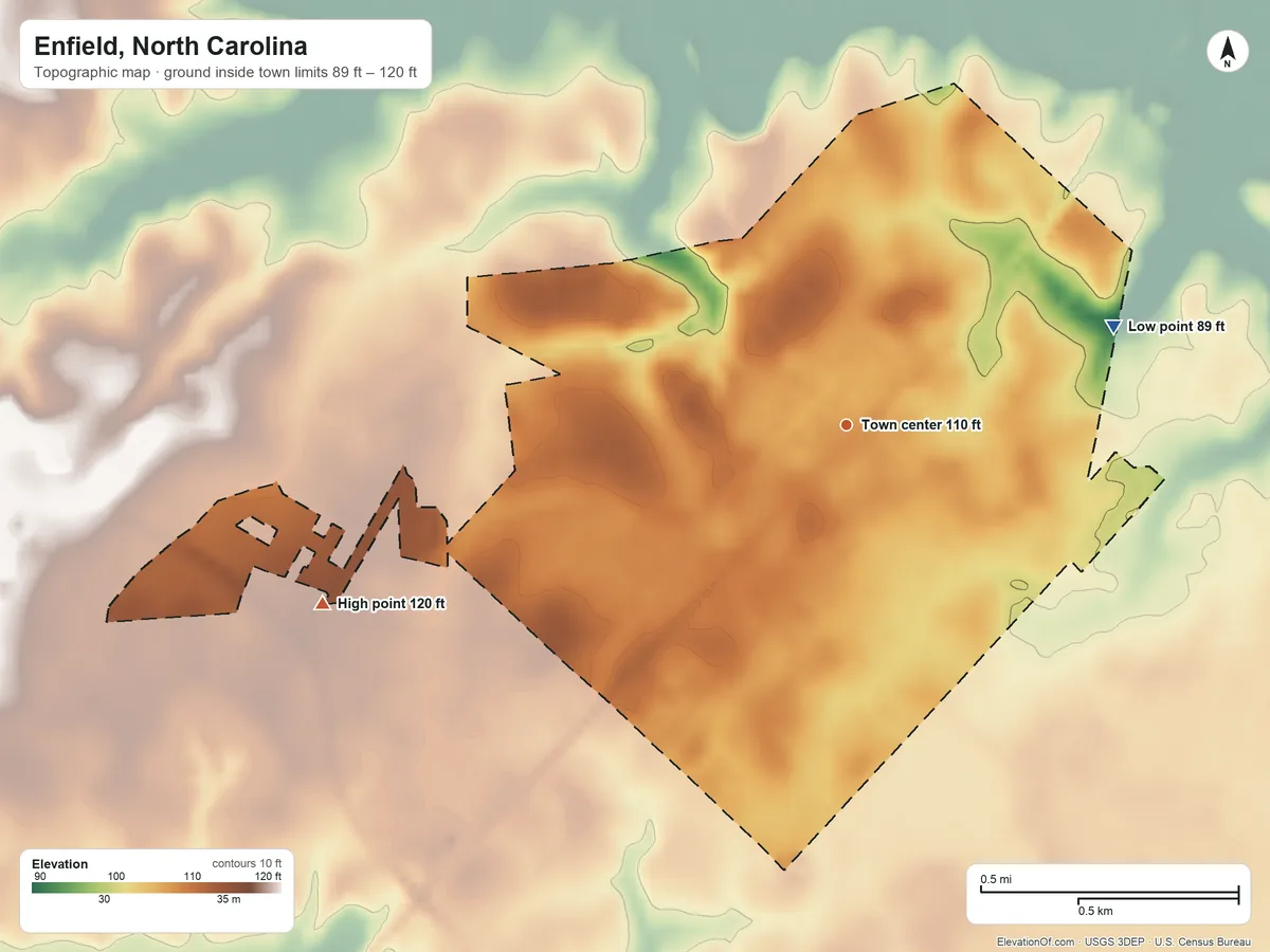 Topographic elevation map of Enfield, North Carolina, shaded from 89 ft on the east side to 120 ft on the west side