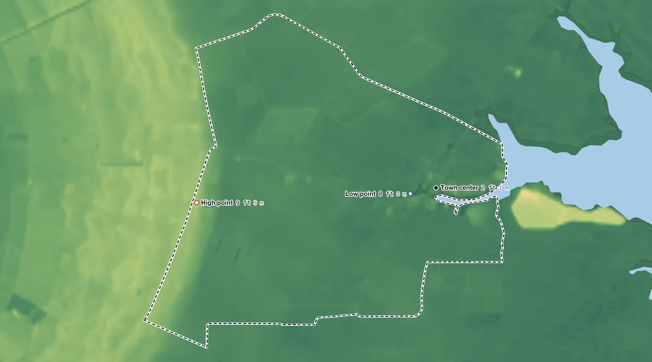 Topographic elevation map of Engelhard, North Carolina, shaded from 0 ft near the middle to 9 ft on the west side