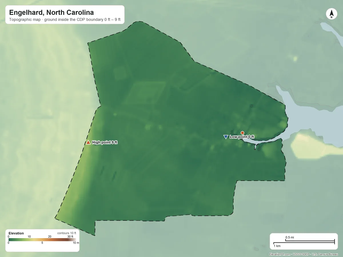 Topographic elevation map of Engelhard, North Carolina, shaded from 0 ft near the middle to 9 ft on the west side
