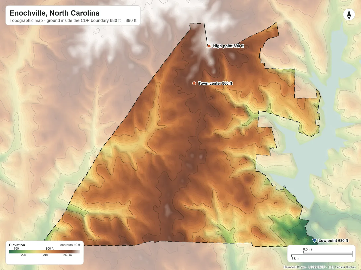 Topographic elevation map of Enochville, North Carolina, shaded from 680 ft on the southeast side to 890 ft on the north side