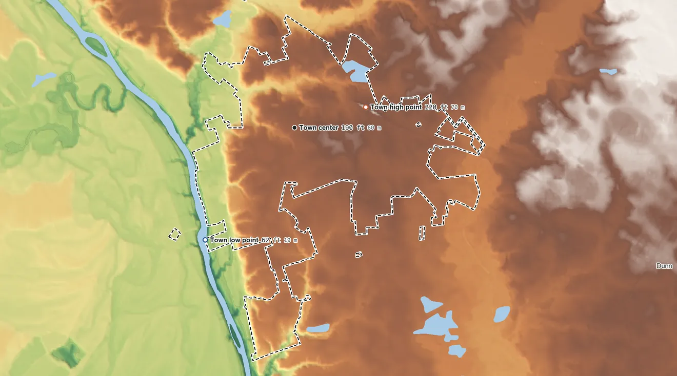 Topographic elevation map of Erwin, North Carolina, shaded from 62 ft on the southwest side to 220 ft on the east side