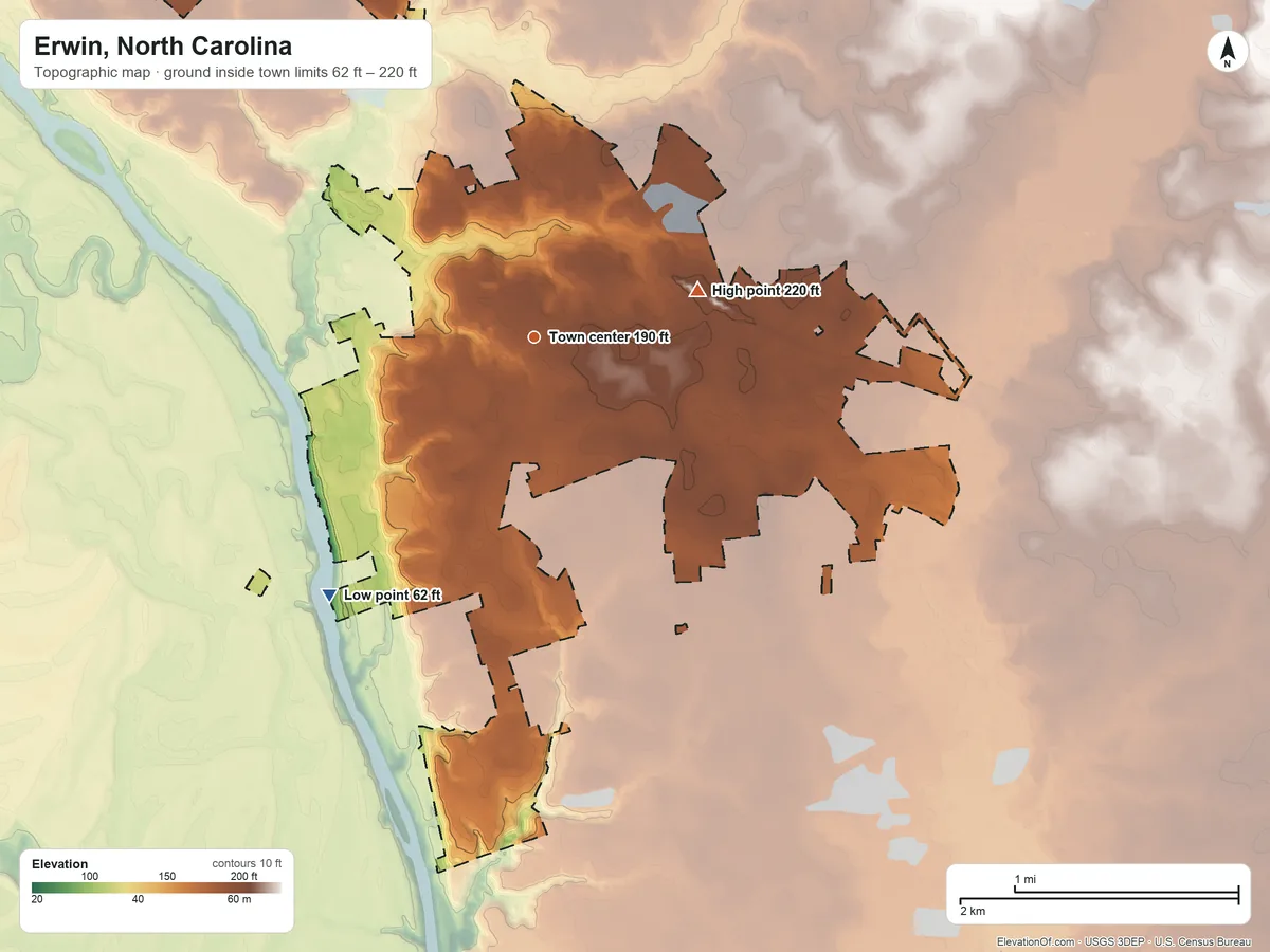 Topographic elevation map of Erwin, North Carolina, shaded from 62 ft on the southwest side to 220 ft on the east side
