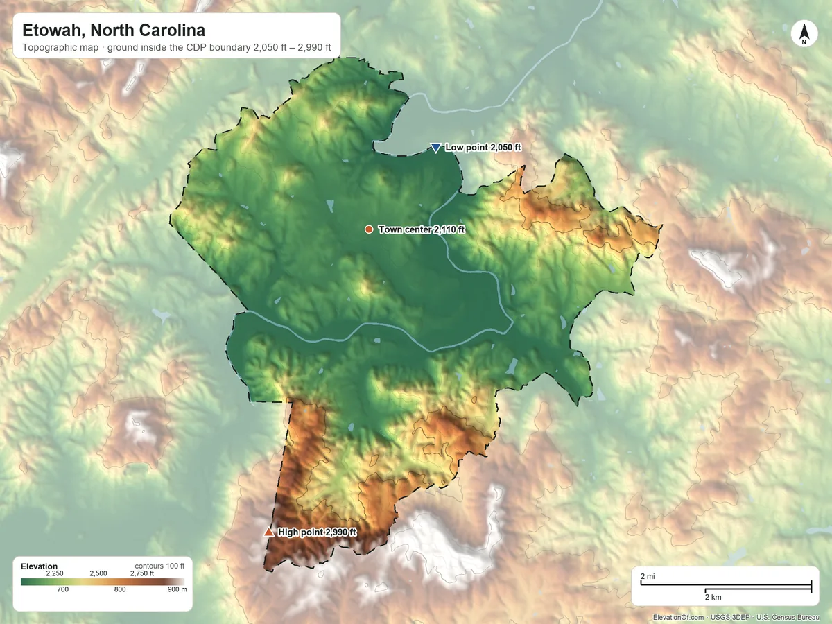 Topographic elevation map of Etowah, North Carolina, shaded from 2,050 ft on the northeast side to 2,990 ft on the south side