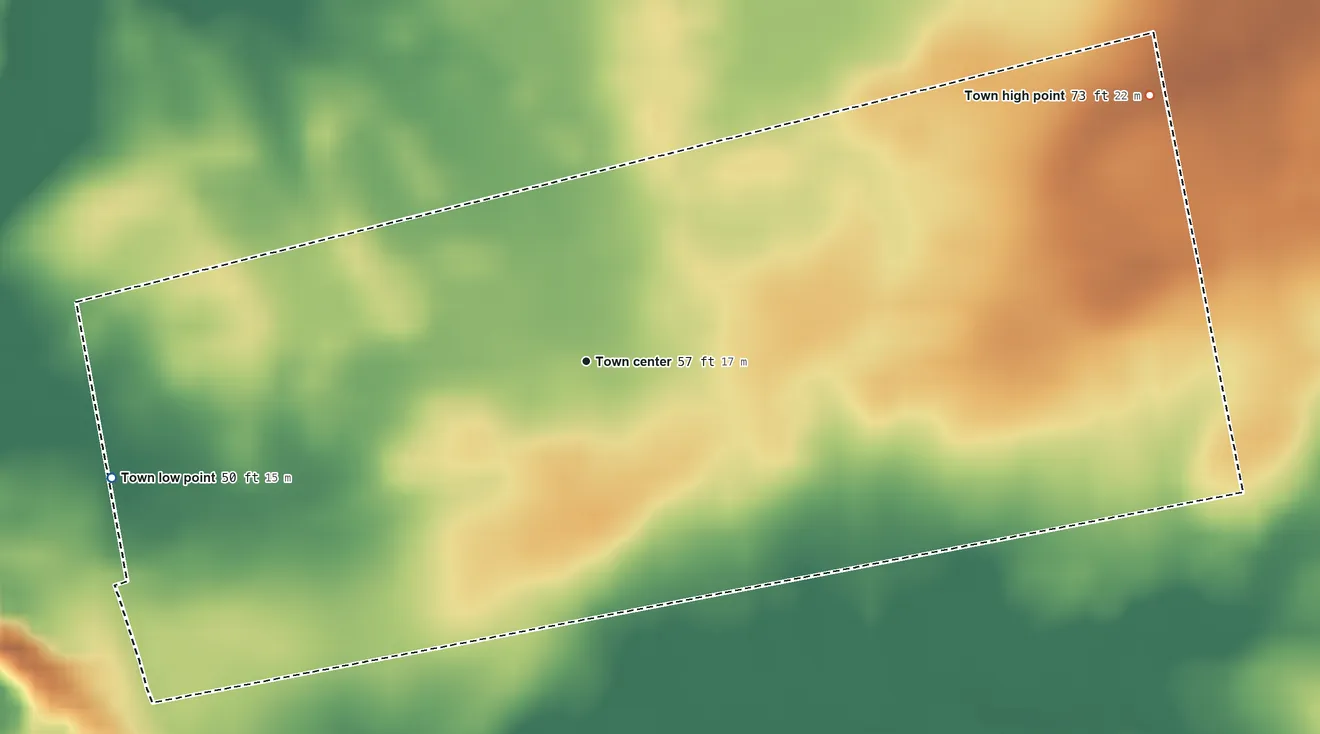 Topographic elevation map of Everetts, North Carolina, shaded from 50 ft on the west side to 73 ft on the northeast side