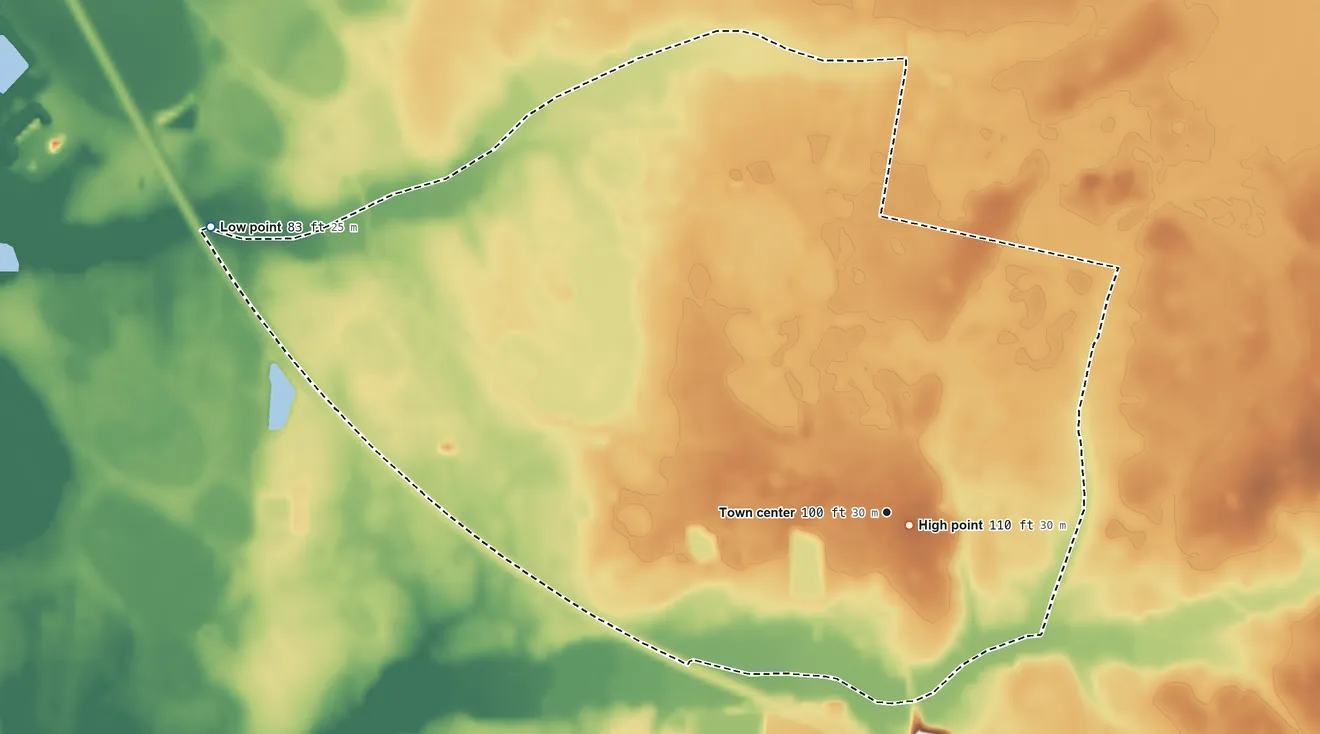 Topographic elevation map of Evergreen, North Carolina, shaded from 83 ft on the northwest side to 110 ft near the middle