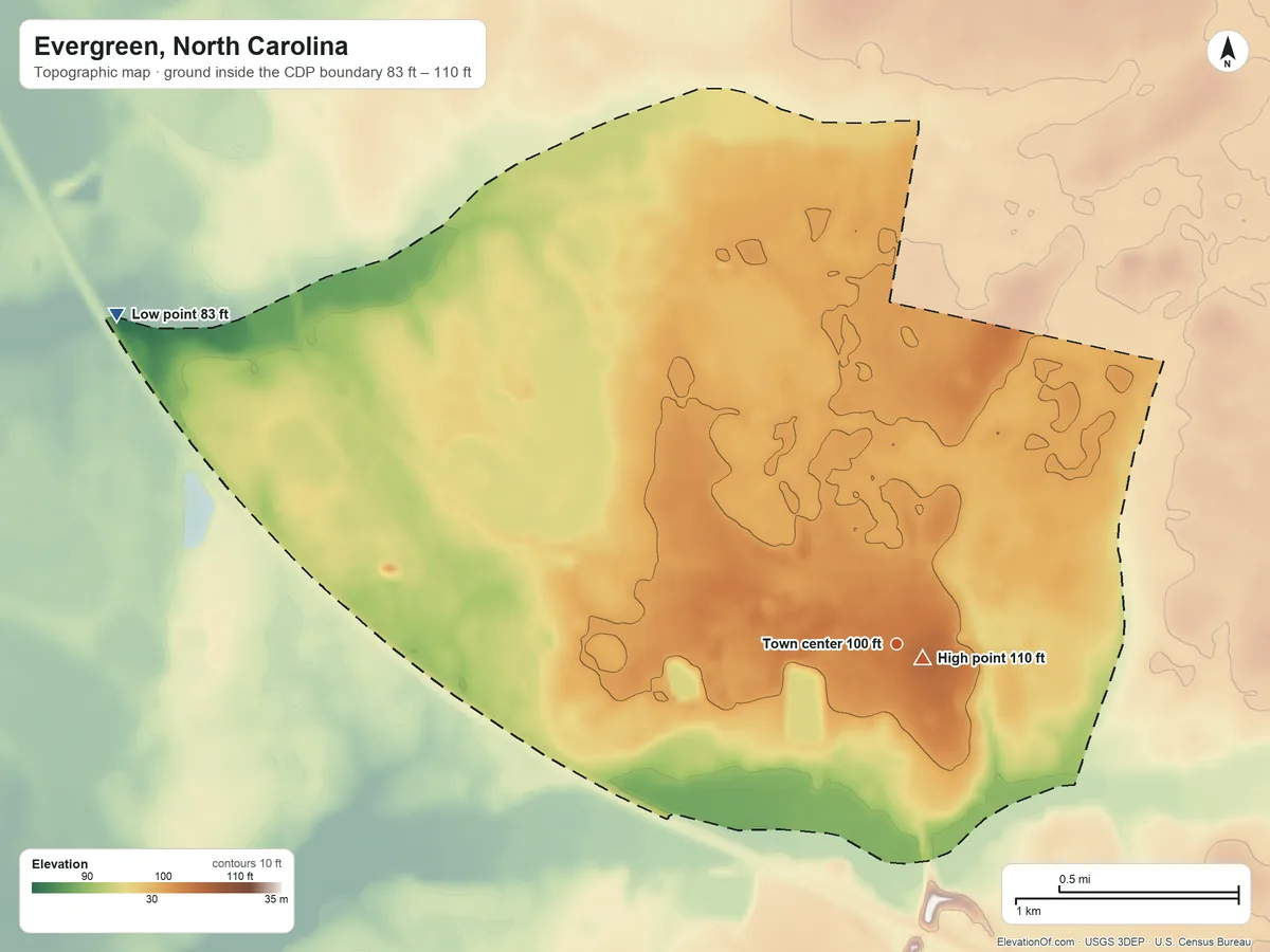 Topographic elevation map of Evergreen, North Carolina, shaded from 83 ft on the northwest side to 110 ft near the middle