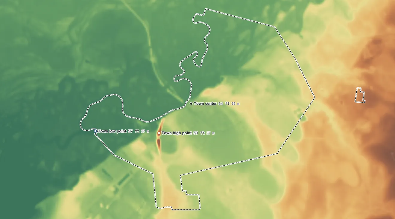 Topographic elevation map of Fair Bluff, North Carolina, shaded from 57 ft on the west side to 89 ft on the southwest side