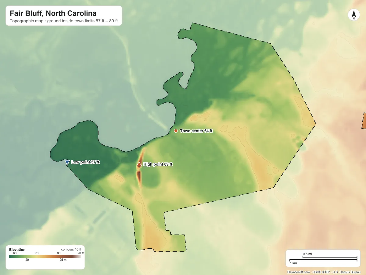 Topographic elevation map of Fair Bluff, North Carolina, shaded from 57 ft on the west side to 89 ft on the southwest side