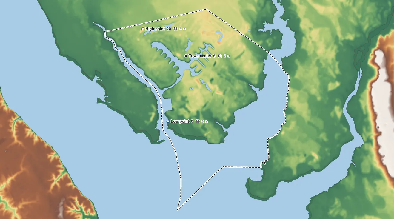 Topographic elevation map of Fairfield Harbour, North Carolina, shaded from 0 ft on the south side to 20 ft on the northwest side