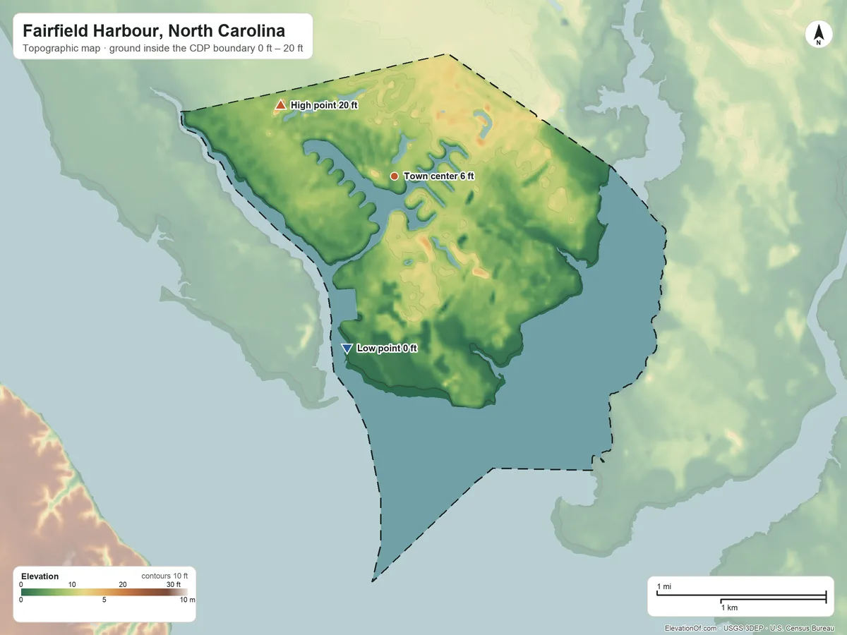 Topographic elevation map of Fairfield Harbour, North Carolina, shaded from 0 ft on the south side to 20 ft on the northwest side