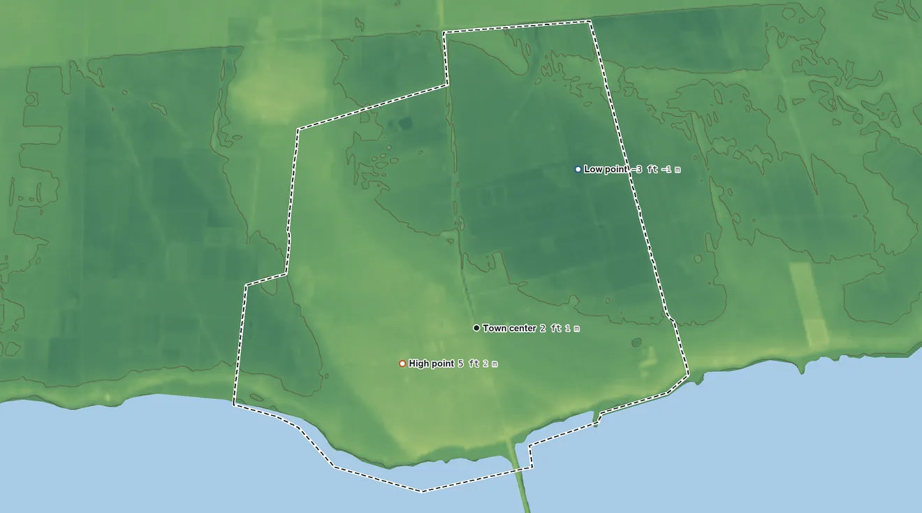 Topographic elevation map of Fairfield, North Carolina, shaded from −3 ft on the northeast side to 5 ft on the southwest side