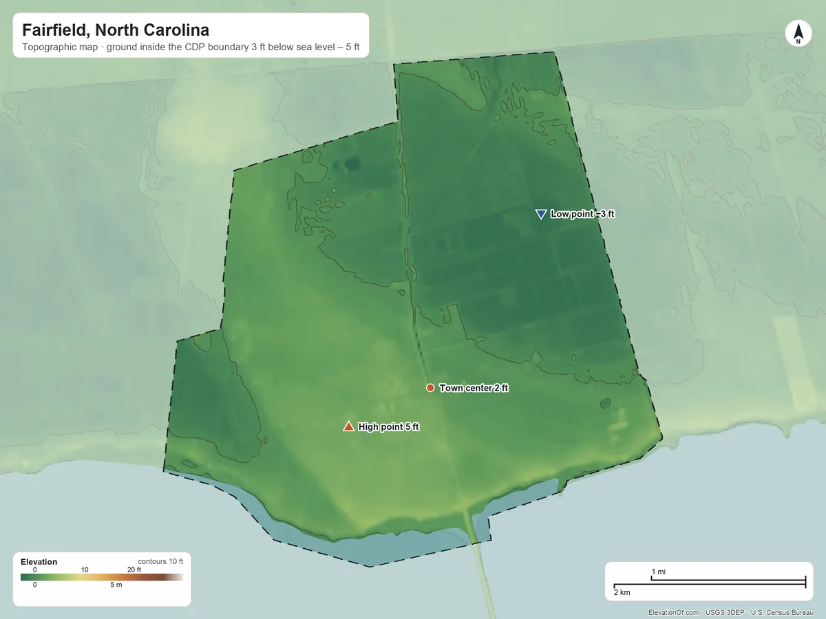 Topographic elevation map of Fairfield, North Carolina, shaded from −3 ft on the northeast side to 5 ft on the southwest side