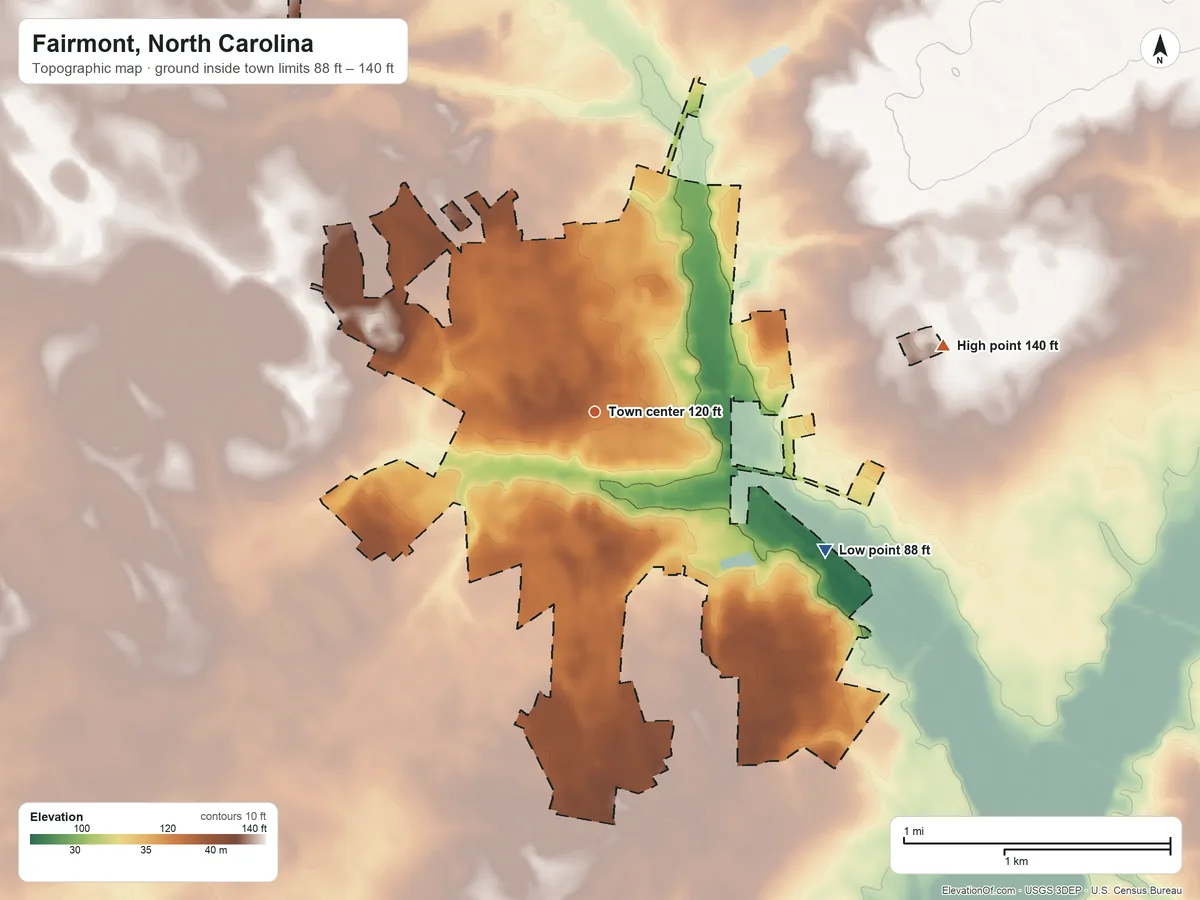 Topographic elevation map of Fairmont, North Carolina, shaded from 88 ft on the southeast side to 140 ft on the east side