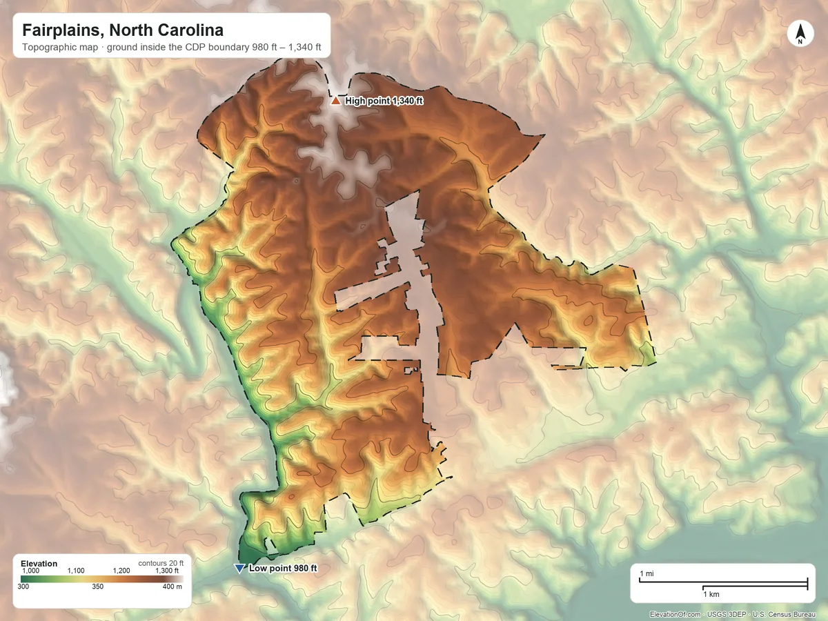 Topographic elevation map of Fairplains, North Carolina, shaded from 980 ft on the southwest side to 1,340 ft on the north side