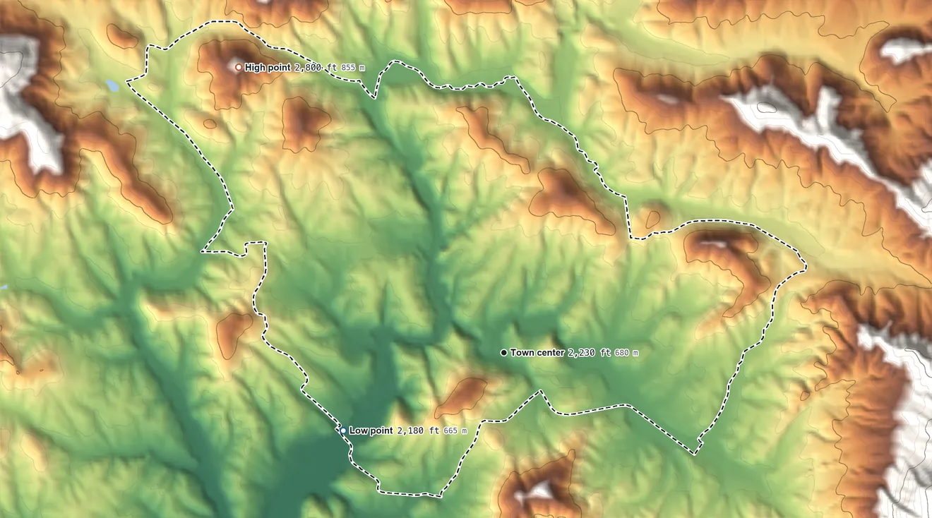 Topographic elevation map of Fairview, Buncombe County, North Carolina, shaded from 2,180 ft on the southwest side to 2,800 ft at the foot of the Swannanoa Mountains