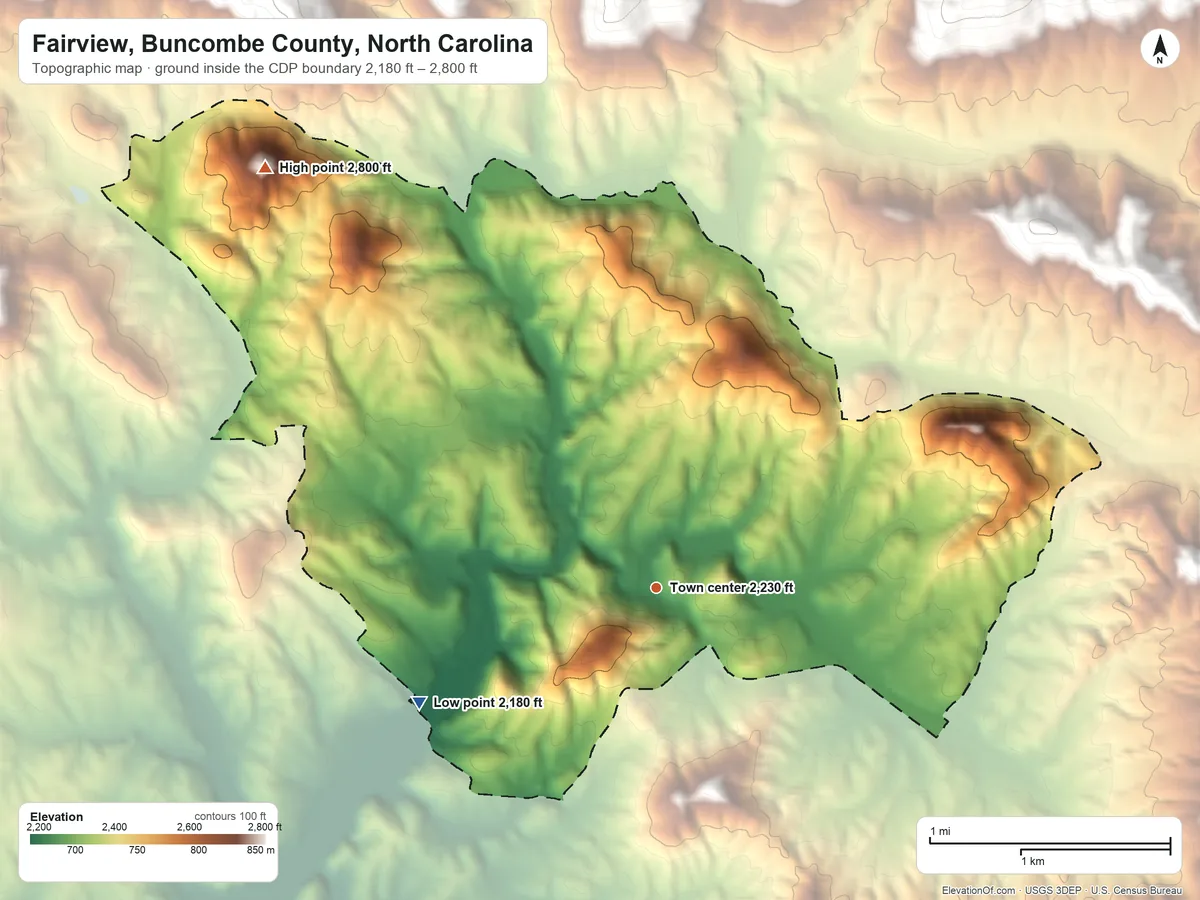 Topographic elevation map of Fairview, Buncombe County, North Carolina, shaded from 2,180 ft on the southwest side to 2,800 ft at the foot of the Swannanoa Mountains