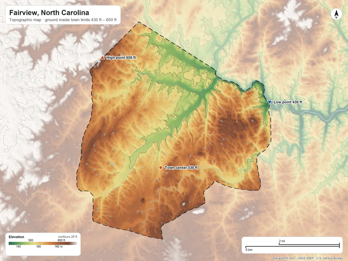 Topographic elevation map of Fairview, North Carolina, shaded from 430 ft on the northeast side to 650 ft on the northwest side