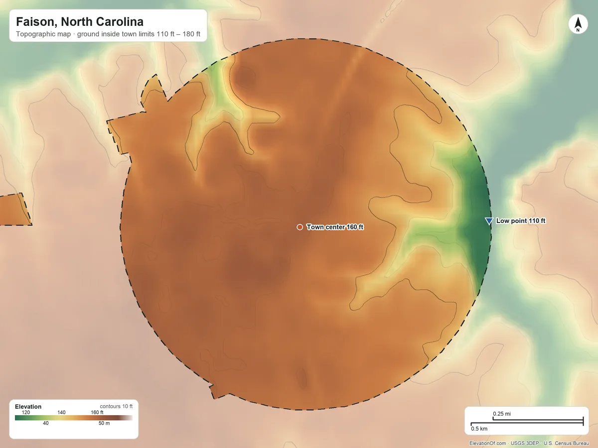 Topographic elevation map of Faison, North Carolina, shaded from 110 ft on the east side to 180 ft on the west side