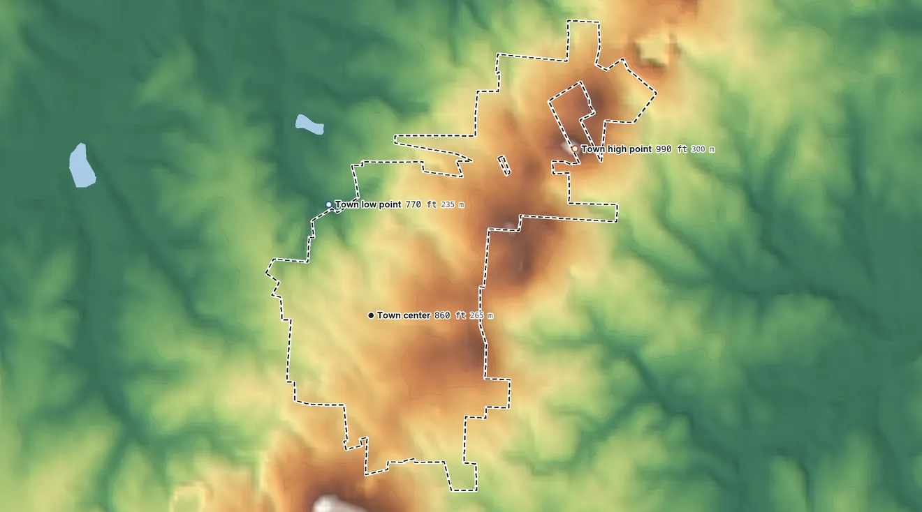 Topographic elevation map of Faith, North Carolina, shaded from 770 ft on the north side to 990 ft on the northeast side