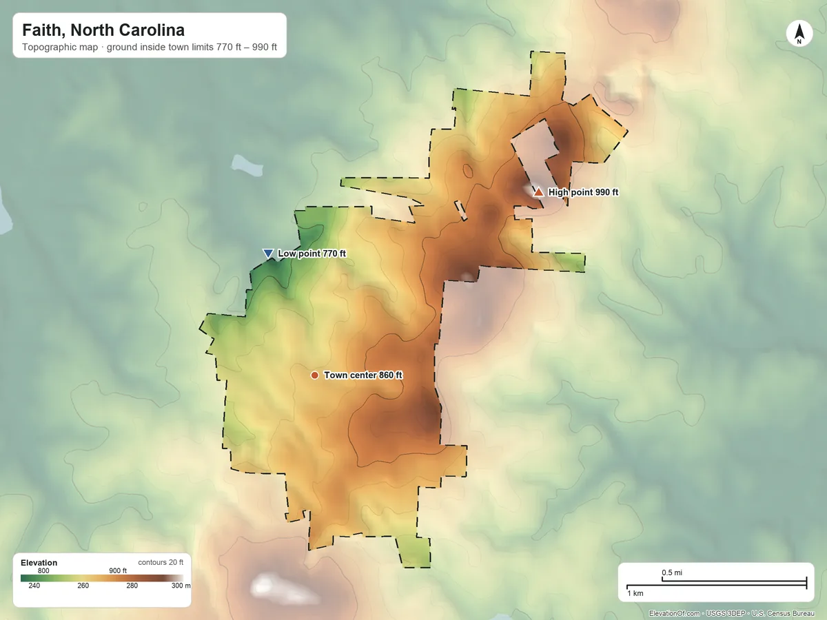 Topographic elevation map of Faith, North Carolina, shaded from 770 ft on the north side to 990 ft on the northeast side