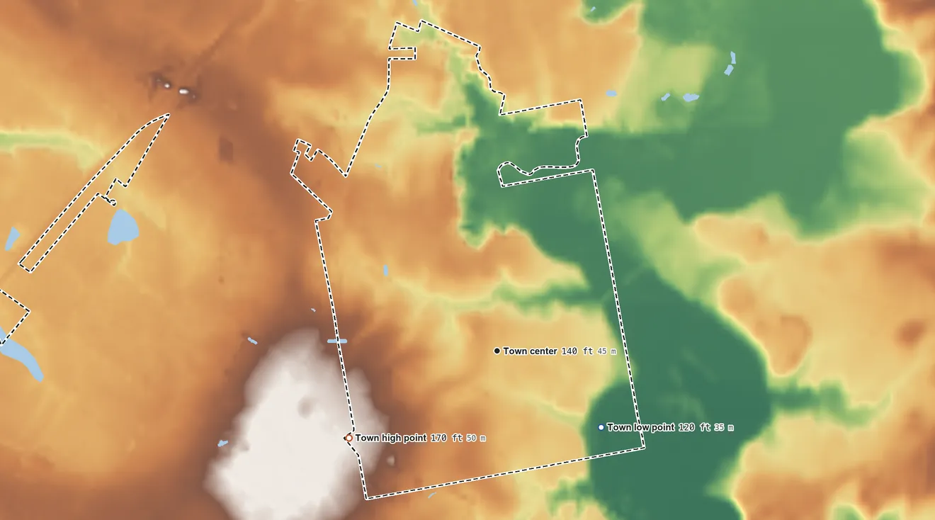 Topographic elevation map of Falcon, North Carolina, shaded from 120 ft on the southeast side to 170 ft on the southwest side