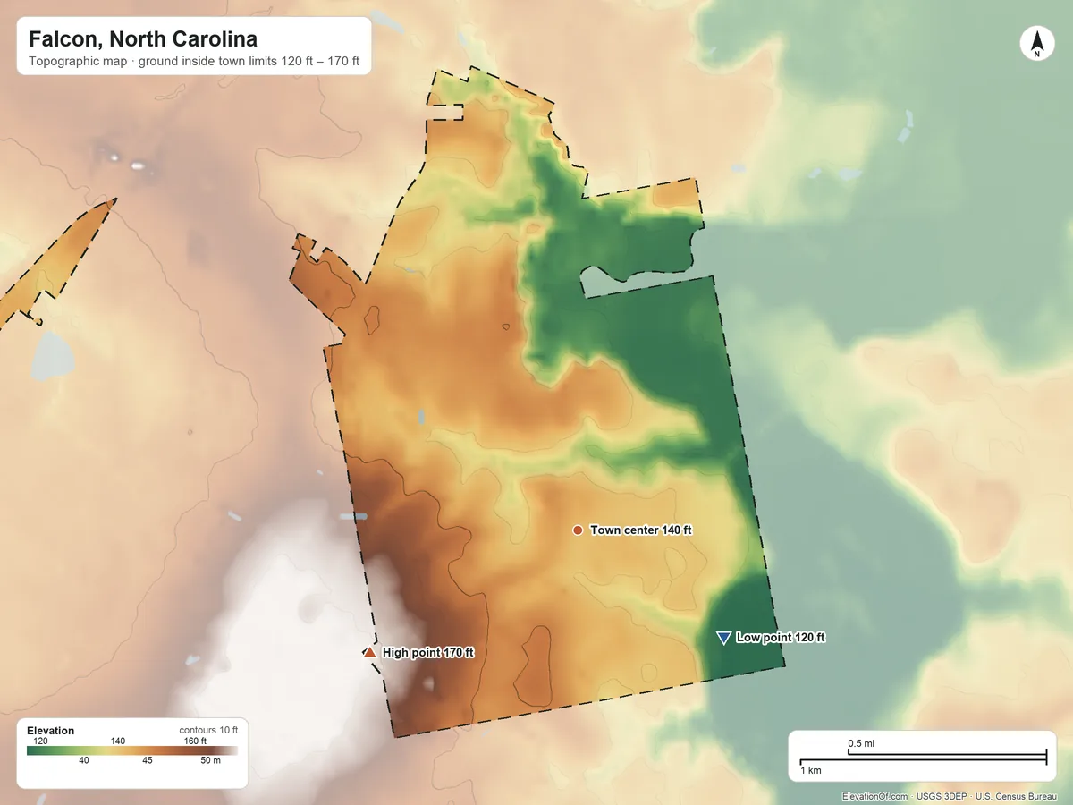 Topographic elevation map of Falcon, North Carolina, shaded from 120 ft on the southeast side to 170 ft on the southwest side