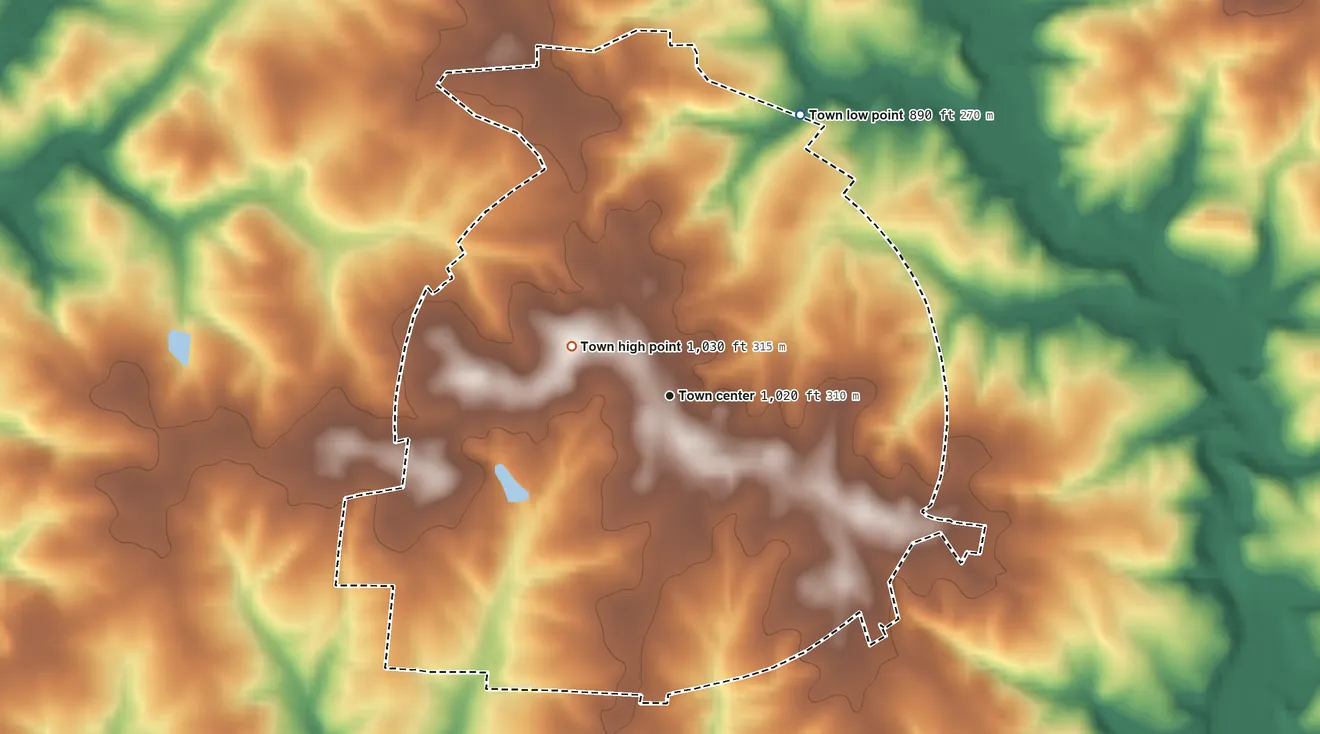 Topographic elevation map of Fallston, North Carolina, shaded from 890 ft on the northeast side to 1,030 ft on the northwest side