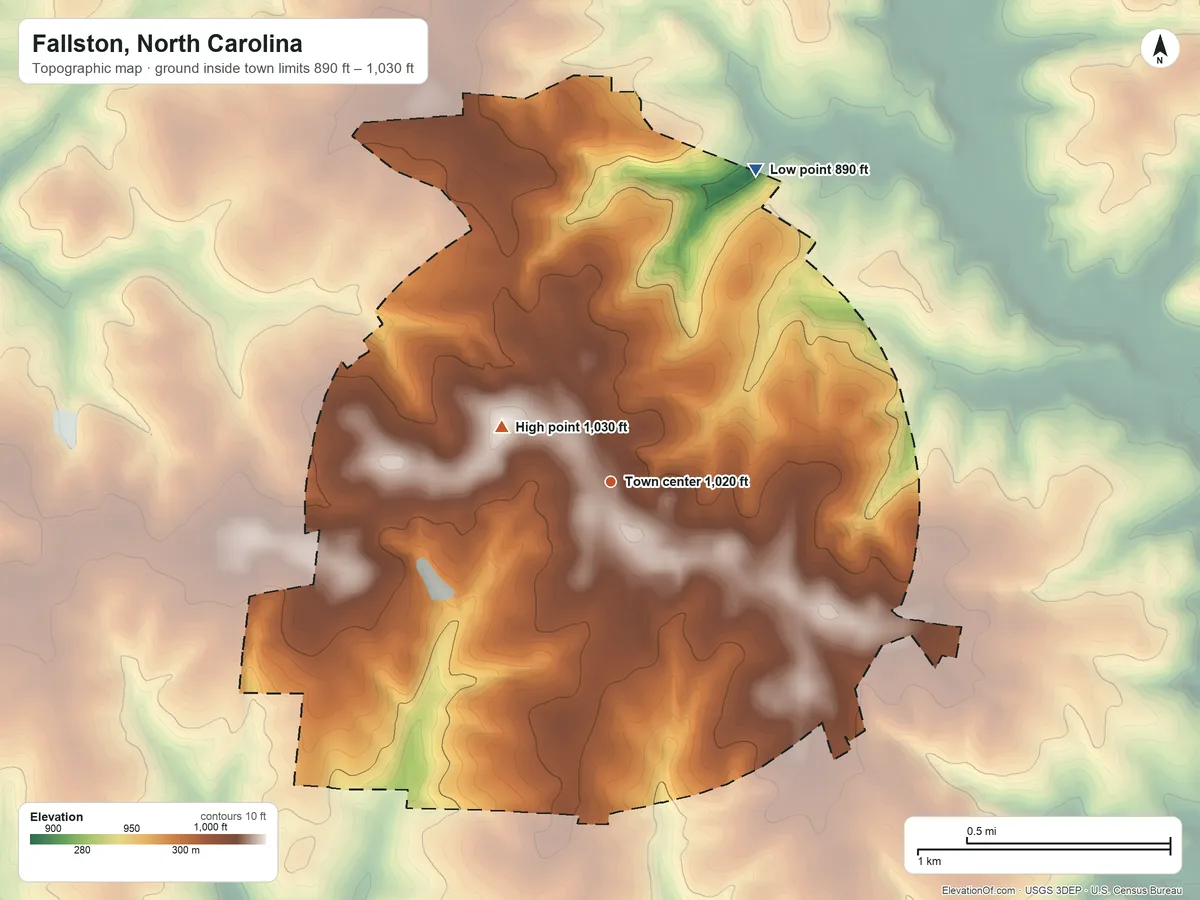 Topographic elevation map of Fallston, North Carolina, shaded from 890 ft on the northeast side to 1,030 ft on the northwest side