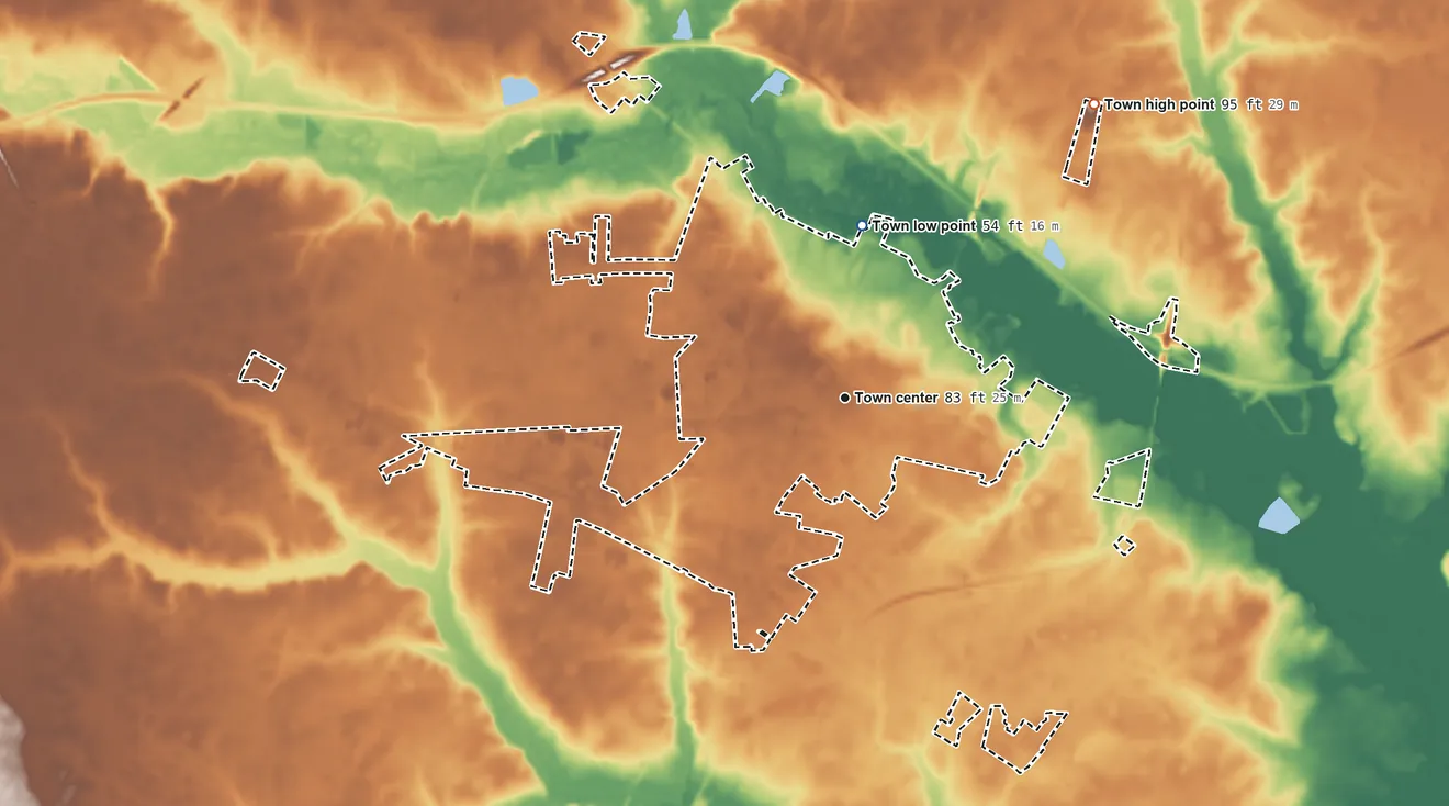 Topographic elevation map of Farmville, North Carolina, shaded from 54 ft on the north side to 95 ft on the northeast side